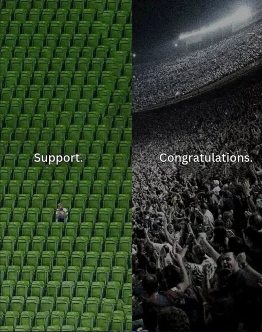 The image is split into two contrasting scenes: on the left, a lone figure sits among empty green stadium seats labeled "Support," while on the right, a massive cheering crowd fills an arena with the word "Congratulations." The post's caption highlights the often lonely, unseen effort behind public success—suggesting that while celebrations are shared by many, true support is often provided by few.
