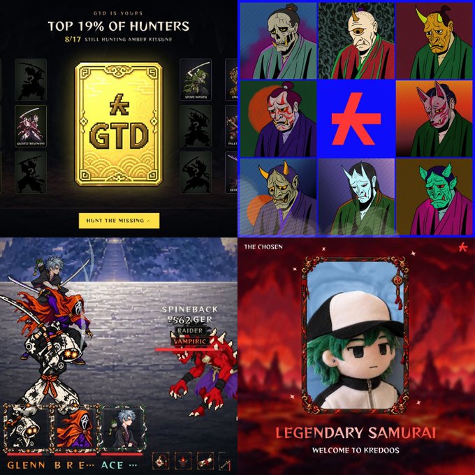 A collage of gaming screenshots showing various achievements, including "TOP 19% OF HUNTERS," a grid of Japanese demon-style character portraits, gameplay featuring "SPINEBACK #56x2GER," and a "LEGENDARY SAMURAI" profile for Glenn Brenner.