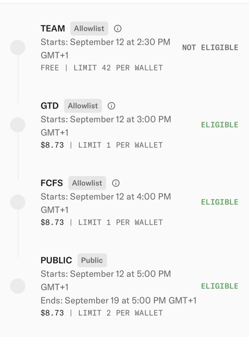 A schedule listing sales phases: TEAM (Starts: September 12 at 2:30 PM GMT+1, FREE, LIMIT 42 PER WALLET, NOT ELIGIBLE), GTD (3:00 PM, $8.73, LIMIT 1, ELIGIBLE), FCFS (4:00 PM, $8.73, LIMIT 1, ELIGIBLE), and PUBLIC (5:00 PM to Sept 19, $8.73, LIMIT 2, ELIGIBLE).