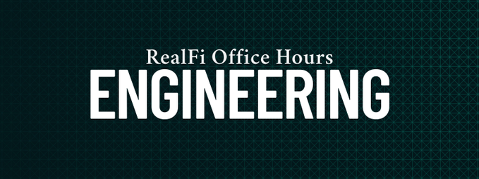 A title card with white text on a dark green textured background reading 'RealFi Office Hours ENGINEERING.'