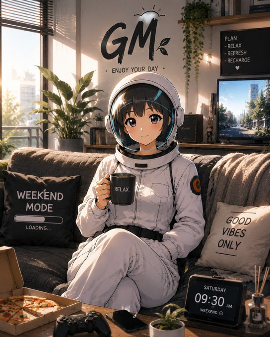 An anime-style illustration of a girl in an astronaut suit sitting on a couch holding a mug that says 'RELAX', with pillows reading 'WEEKEND MODE' and 'GOOD VIBES ONLY', and a sign saying 'GM - ENJOY YOUR DAY'.