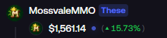 A Discord-style message showing 'MossvaleMMO' with a portfolio value of $1,561.14 and a ▲15.73% gain.