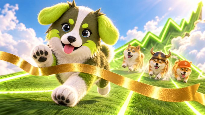 A vibrant 3D animated illustration showing a green and white fluffy puppy leaping forward over a gold ribbon, followed by three smaller dogs including one wearing a viking helmet, set against a grassy field with green arrows pointing upward.