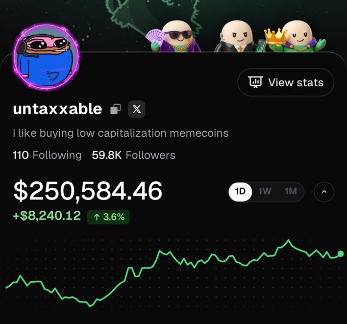 A screenshot of the "untaxxable" social media profile showing a portfolio value of $250,584.46 with a $8,240.12 (3.6%) gain on a 1-day chart, alongside the username's self-description "I like buying low capitalization memecoins" and 59.8K followers. The image is used to promote the user's Pump.fun referral link, displaying their trading success as social proof to encourage others to follow and join via their link for potential giveaways.