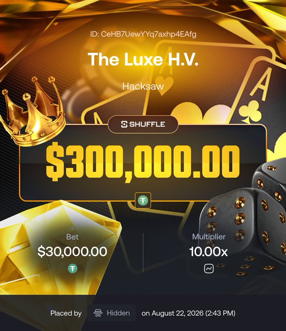 A gambling win notification from Hacksaw's 'The Luxe H.V.' game titled 'SHUFFLE', showing a $300,000.00 win from a $30,000.00 bet with a 10.00x multiplier, placed on August 22, 2026 at 2:43 PM.