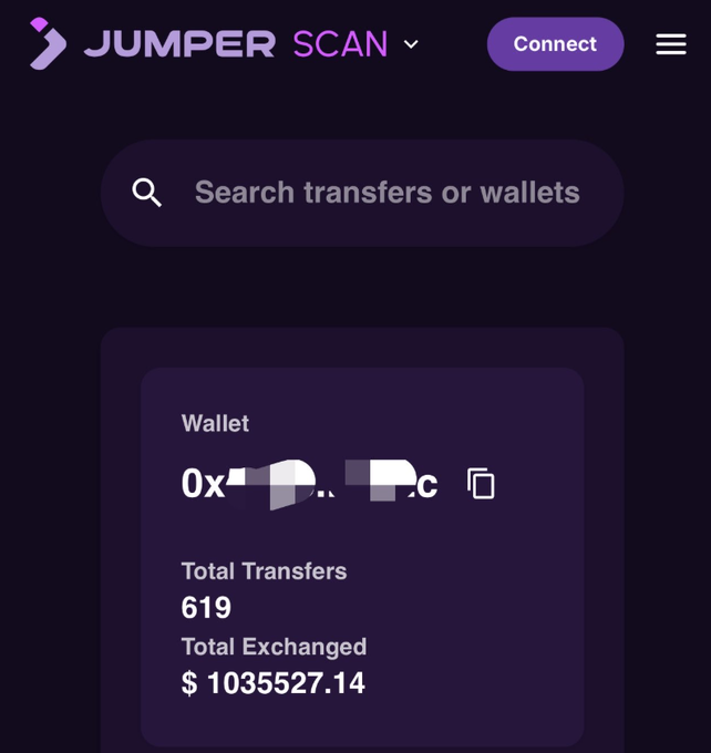 The Jumper Scan interface displays a wallet address with 619 total transfers and $1,035,527.14 total exchanged, featuring a search bar for transfers or wallets.