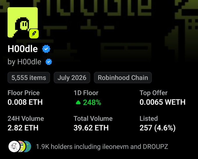 NFT collection stats page showing 'HOOdle' with 5,555 items, a floor price of 0.008 ETH (up 248% in 1D), 24H volume of 2.82 ETH, 1.9K holders including ileonevm and DROUPZ.