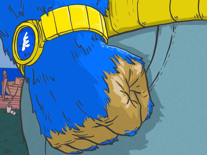 The image features a cartoon depiction of a blue hand with a gold watch, which appears to be wearing a bracelet as well. The hand is shown in a close-up view against a light blue background. In the bottom right corner of the image, there's a caption that reads "Limit buy for $APE got filled overnight". This suggests that someone has purchased an item from eBay and it was posted on the site just before being sold.