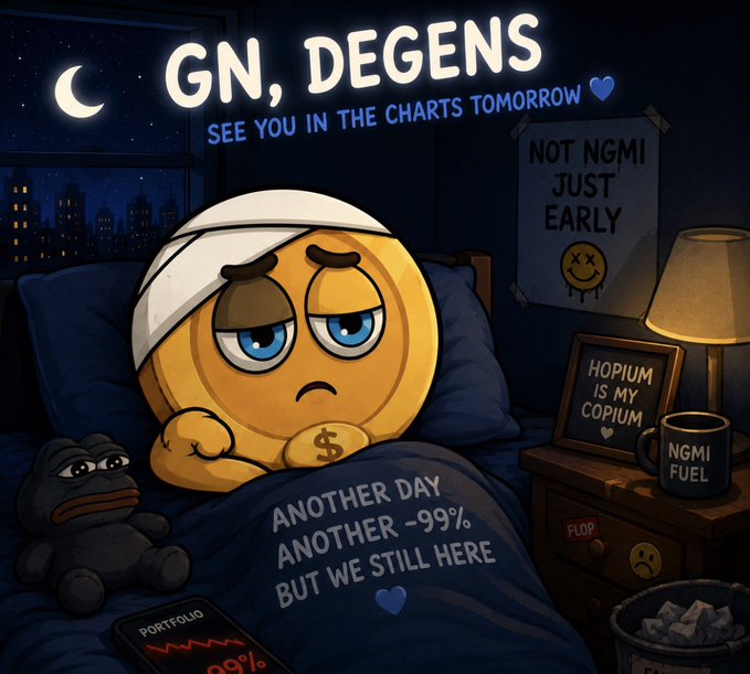 A cartoon image of a sad Bitcoin coin with a head bandage lying in bed, captioned 'GN, DEGENS - SEE YOU IN THE CHARTS TOMORROW' with references to 'NOT NGMI JUST EARLY', 'HOPIUM IS MY COPIUM', and 'ANOTHER DAY ANOTHER -99%'.