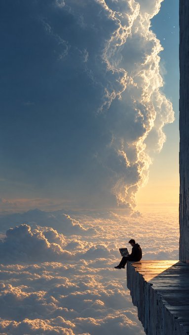 A person sits on a cliff's edge above a sea of golden clouds at sunset, working on a laptop with no visible charts, tickers, or text—the serene "above the clouds" view visually embodies the post's playful suggestion of paying any price to follow the markets from such a peaceful vantage point.
