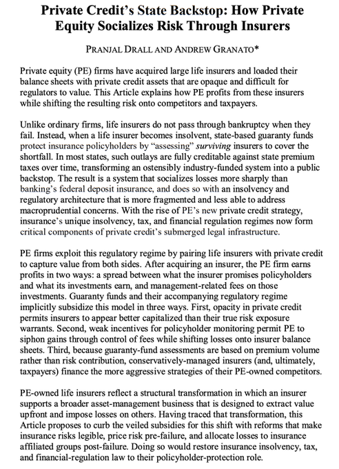 Academic article titled 'Private Credit's State Backstop: How Private Equity Socializes Risk Through Insurers' by Pranjal Drall and Andrew Granato, discussing how PE firms exploit life insurer guarantee funds to shift risk onto competitors and taxpayers.