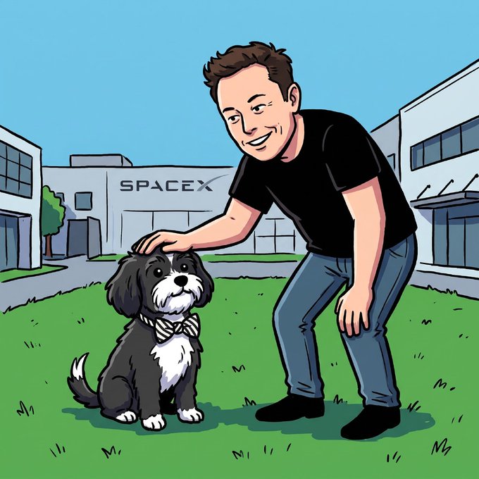 A cartoon illustration depicts Elon Musk petting a black and white dog wearing a bow tie on a grassy lawn, with a 'SPACEX' building in the background.