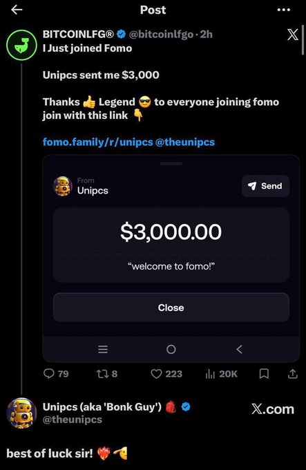 A screenshot of a X post by BITCOINLFG (@bitcoinlfgo) showing they received $3,000 from "Unipcs" (aka "Bonk Guy" @theunipcs) via Fomo, with the accompanying Unipcs reply wishing "best of luck sir!"