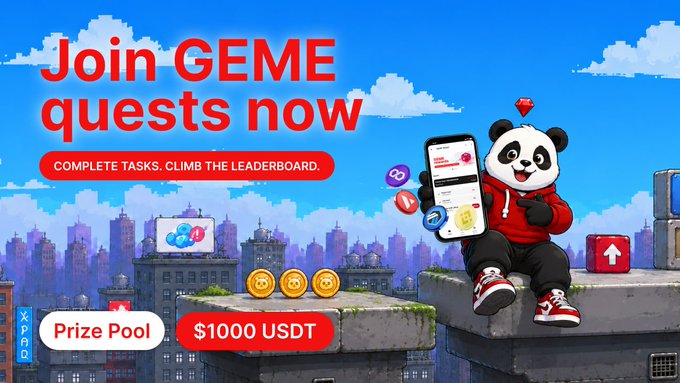 A promotional banner stating 'Join GEME quests now' and 'COMPLETE TASKS. CLIMB THE LEADERBOARD,' featuring a panda mascot holding a smartphone next to a '$1000 USDT' prize pool.