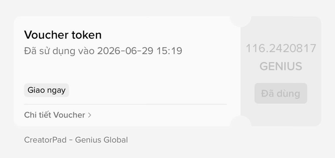 The image shows a used voucher token from CreatorPad – Genius Global, displaying "116.2420817 GENIUS" with a "Đã dùng" (Used) status, along with a delivery date of 2026-06-29. This relates to the post by showcasing a recent crypto reward payout received from Binance Square's CreatorPad program, supporting the user's claim about earning from the platform.