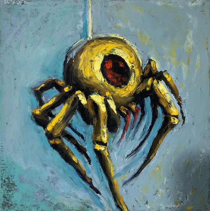 An oil painting depicts a yellow spider-like creature with a single red eye hanging from a thread against a blue background.