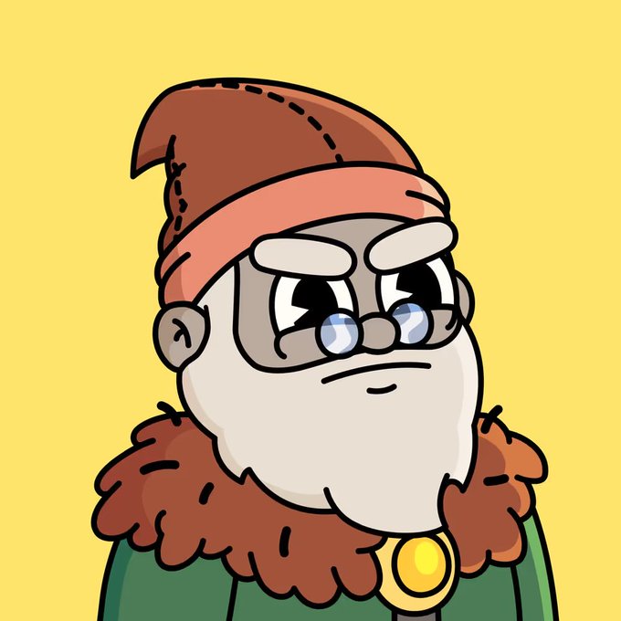 A cartoon elderly man with a long white beard, glasses, brown hair, and a red pointed hat, wearing a green garment with a yellow brooch against a yellow background.