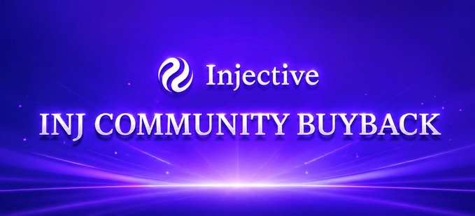 A purple promotional graphic displays the 'Injective' logo with the text 'INJ COMMUNITY BUYBACK' in white letters.