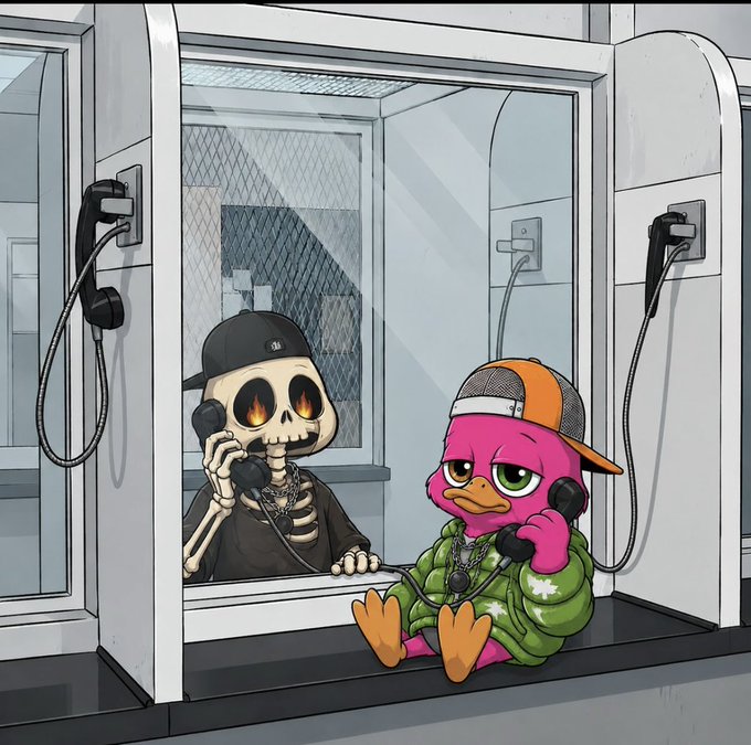 A digital illustration of a skeleton with fire in its eye sockets wearing a backwards cap and a pink duck-like character wearing a cap and green hoodie, both talking on phones in adjacent visitation booths.
