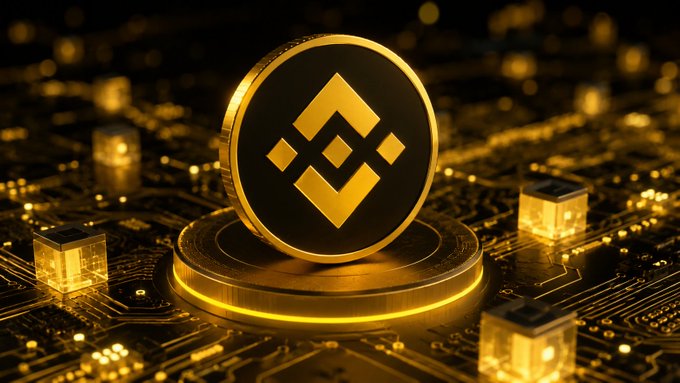 BNB Coin displayed as a golden crypto token with the Binance logo on a glowing circuit board platform. The image illustrates the article about BNB Chain partnering with AWS's Generative AI Innovation Center to launch "BNB Agent Studio," a platform that simplifies on-chain AI agent development, featuring cryptocurrency payments, on-chain identity, ownership transfers, and tokenization capabilities.