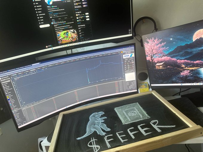 A trading workstation setup with dual monitors displaying charts and a cherry blossom night scene, with a chalkboard sign reading '$FEFER' featuring a dinosaur and safe drawing.