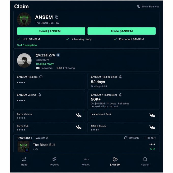 A 'Claim' page interface for the $ANSEM token showing a user profile (@uzza274) with stats including 52 days of holding, 50K+ X impressions, and positions for 'The Black Bull'.