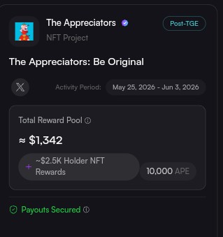 The image shows a screenshot of an app called "The Appreciators" that has been secured, with a green checkmark symbolizing its approval status. The app is related to NFT rewards, as indicated by the text "NFT rewards." The main focus of the app is on visibility and competition within the NFT ecosystem, which can be accessed through the app. The post in question is about the appreciationators: being original, and it has been secured with a green checkmark symbolizing its approval status.