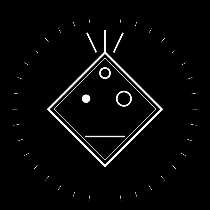 A minimalist black and white geometric design featuring a diamond shape with circular eyes and a straight line mouth, topped with antenna-like lines and surrounded by radiating dashes.