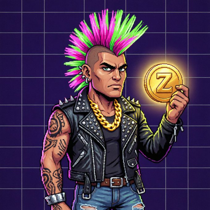 A digital illustration of a muscular punk character with a pink and green mohawk, wearing a studded leather vest, and holding a gold coin featuring the letter 'Z'.