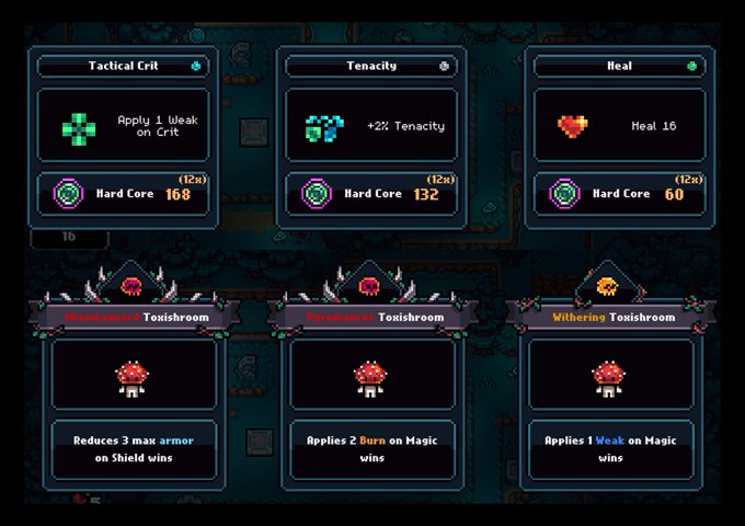 A pixel-art game interface screen showing upgrade panels labeled 'Tactical Crit', 'Tenacity', and 'Heal' above three red mushroom enemies: 'Hexenwurst Toxishroom', 'Pyromancer Toxishroom', and 'Withering Toxishroom'.