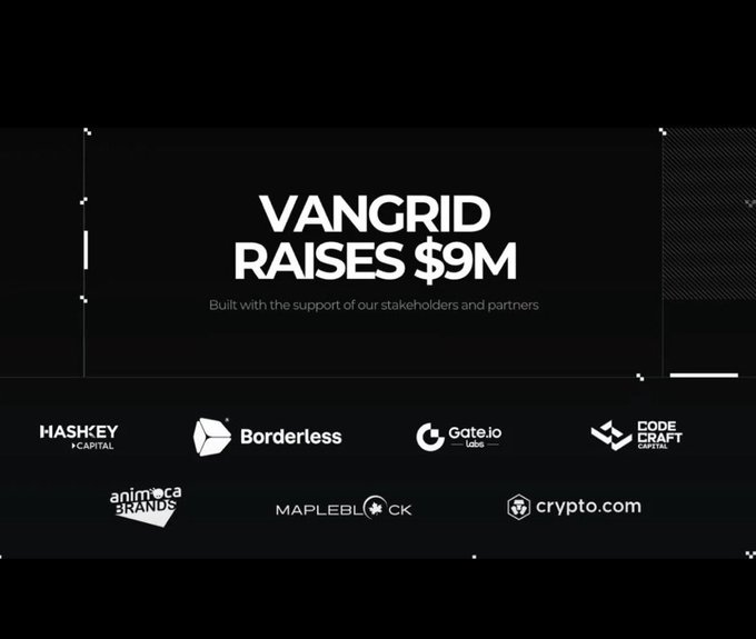 An announcement graphic stating 'VANGRID RAISES $9M Built with the support of our stakeholders and partners,' displaying logos for HashKey Capital, Borderless Labs, Gate.io Labs, Core Craft Capital, Animoca Brands, Mapleblock, and crypto.com.