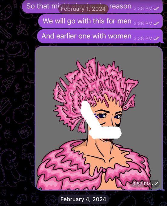 Two Instagram messages dated February 1, 2024 at 3:38 PM reading 'So that might be the reason,' 'We will go with this for men,' and 'And earlier one with women,' followed by a pink-haired illustrated character image dated February 4, 2024 at 3:57 PM.