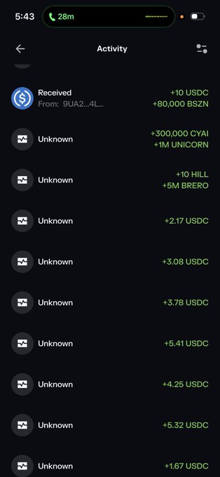 A mobile phone screenshot showing an "Activity" feed with various cryptocurrency transactions received, including +10 USDC, +80,000 BSZN, +300,000 CYAI, +1M UNICORN, +10 HILL, +5M BRERO, and several other small USDC amounts from "Unknown" senders.