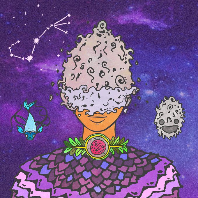 A surreal digital illustration of a figure with a fried egg covering their face, wearing a red medallion and purple scale-like garment, accompanied by a small blue creature and a smiling gray spiky companion against a starry purple cosmic background.