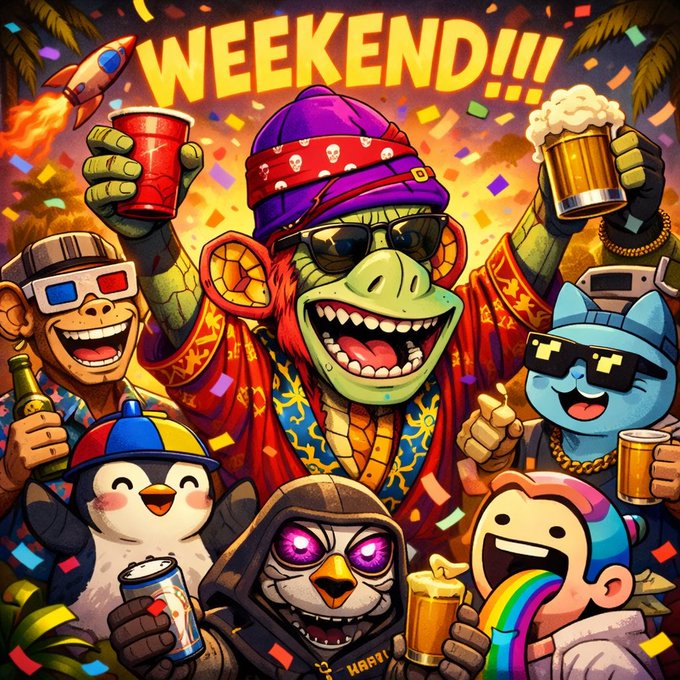 A vibrant, colorful illustration featuring a central monkey-like character wearing sunglasses and a bandana, holding up a red cup and a beer, surrounded by other animated characters (a monkey with 3D glasses, a penguin, an owl, a blue cat) under the word 'WEEKEND!!!'.