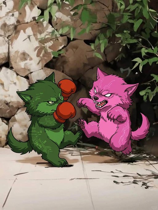 An animated illustration shows a green wolf-like creature wearing red boxing gloves fighting against a fierce pink wolf-like creature in a rocky outdoor setting.