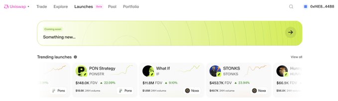 Screenshot of the Uniswap cryptocurrency exchange showing trending launches including PON Strategy ($PONS), What If ($IF), $TONKS, and another token, with a 'Coming soon' banner saying 'Something new...'.