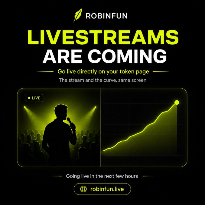 A promotional graphic for RobinFun with a black and yellow color scheme, headlined "LIVESTREAMS ARE COMING" and featuring a split image of a silhouetted speaker on stage and an upward trending chart, promoting the upcoming launch of livestream functionality on token pages.