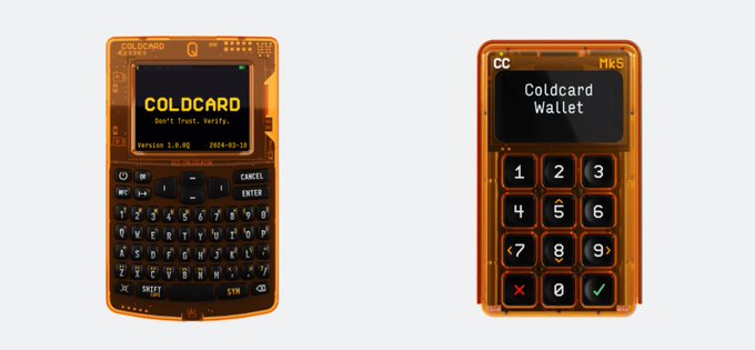 Two Coldcard hardware wallets—one labeled "Mk4" displaying version 1.5.0 (2024-05-19) with a QWERTY keyboard, and another labeled "Mk5" showing "Coldcard Wallet" on a numeric keypad—are shown to illustrate the post's point about a long-undetected randomness vulnerability in these cold storage devices.