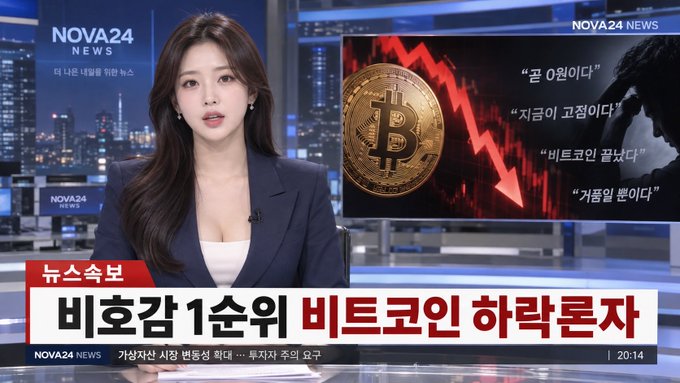 A Korean news broadcast from NOVA24 NEWS featuring an anchor reporting on a Bitcoin-related arrest ('비호감 1순위 비트코인 하락론자') with a graphic showing a declining Bitcoin chart.
