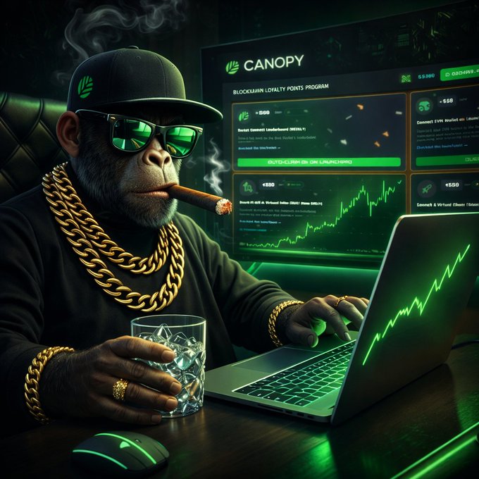 A stylized digital artwork of an anthropomorphic chimpanzee wearing a black cap, sunglasses, and gold chains, smoking a cigar while using a laptop with a green stock chart on screen. The display reads 'CANOPY' and 'BLOCKCHAIN LOYALTY POINTS PROGRAM'.