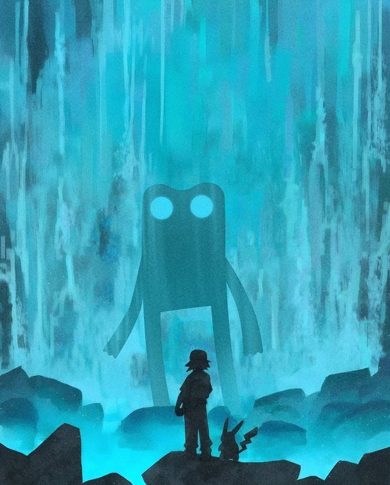 A moody, stylized digital artwork shows a small silhouetted figure standing before a massive, glowing blue entity with round eyes, surrounded by falling light and rocky terrain.