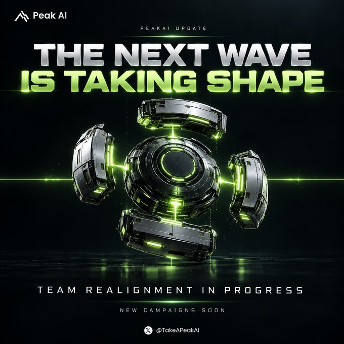 A futuristic promotional graphic for 'Peak AI' with glowing green text reading 'THE NEXT WAVE IS TAKING SHAPE' and 'TEAM REALIGNMENT IN PROGRESS - NEW CAMPAIGNS SOON', featuring a central metallic spherical object with green light accents.