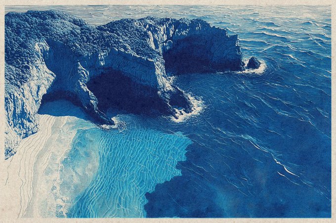 A detailed blue and white illustration of a rugged cliffside or cave formation meeting the ocean, with waves crashing against the rocks.