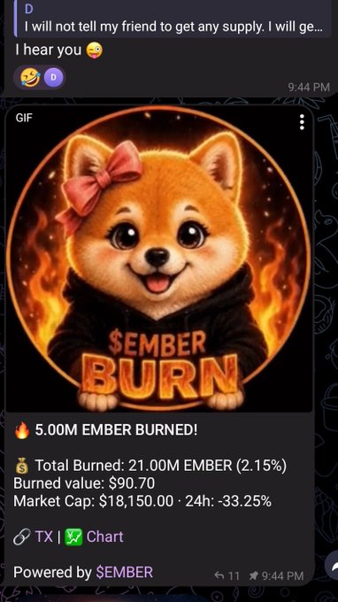 The image shows a social media post with a summary, such as "Day 1 update 2.15% of the total $EMBER supply has already been burned. Not next week. Not next month. Today. On day 1 supply down." The post is about ember and its performance. It also contains an image of a red dog wearing a black jacket and pink bow with the text that reads "Semer Burn". The main text on the post explains that "Semer Burn" was sold for $1,500 and mentions the "chart" of the ember sales, which shows a significant rise in prices over time. The post is focused on the recent sales data of embers and their performance.
