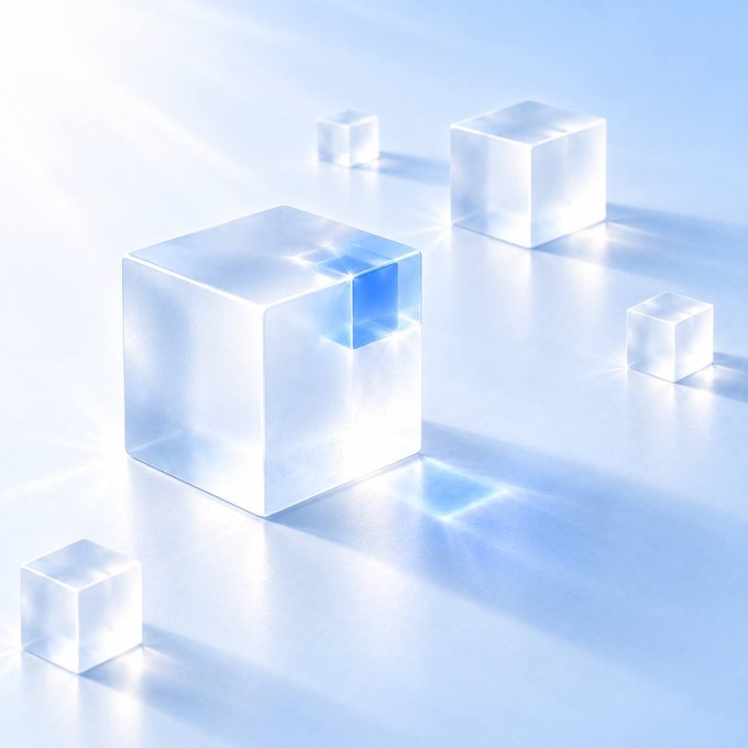 Several translucent glass cubes of varying sizes rest on a bright white surface, with one featuring a small blue accent cube nested within it.