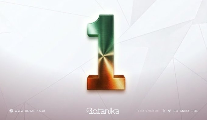 A promotional image featuring a large 3D metallic number '1' with a green-to-orange gradient, displayed against a light geometric background, with 'www.BOTANIKA.AI' and 'BOTANIKA_SOL' branding.