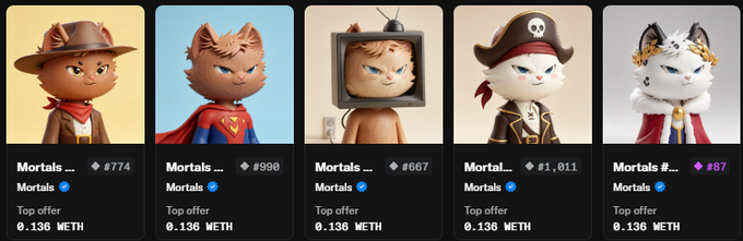 A NFT marketplace displays five cartoon cat avatars named "Mortals" with varying prices listed in WETH, including #774, #990, #667, #1,011, and #87, all showing top offers of 0.136 WETH.