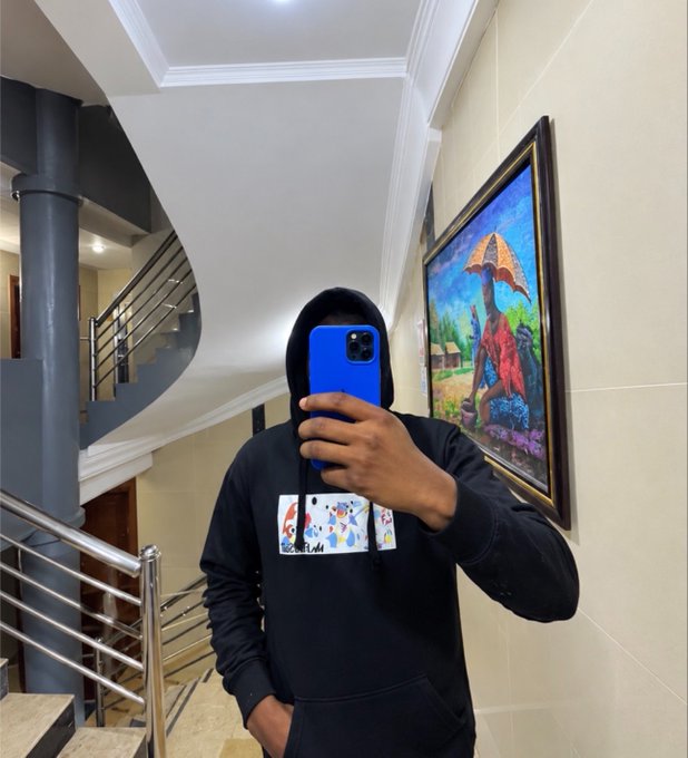 A person wearing a dark hoodie with a graphic print takes a mirror selfie with a blue phone, standing near a staircase with a framed painting visible on the wall.