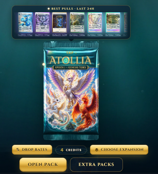 A digital trading card pack interface for 'ATOLIA' showing best pulls from the last 24 hours, with options to open pack for 4 credits, adjust drop rates, or choose expansion.